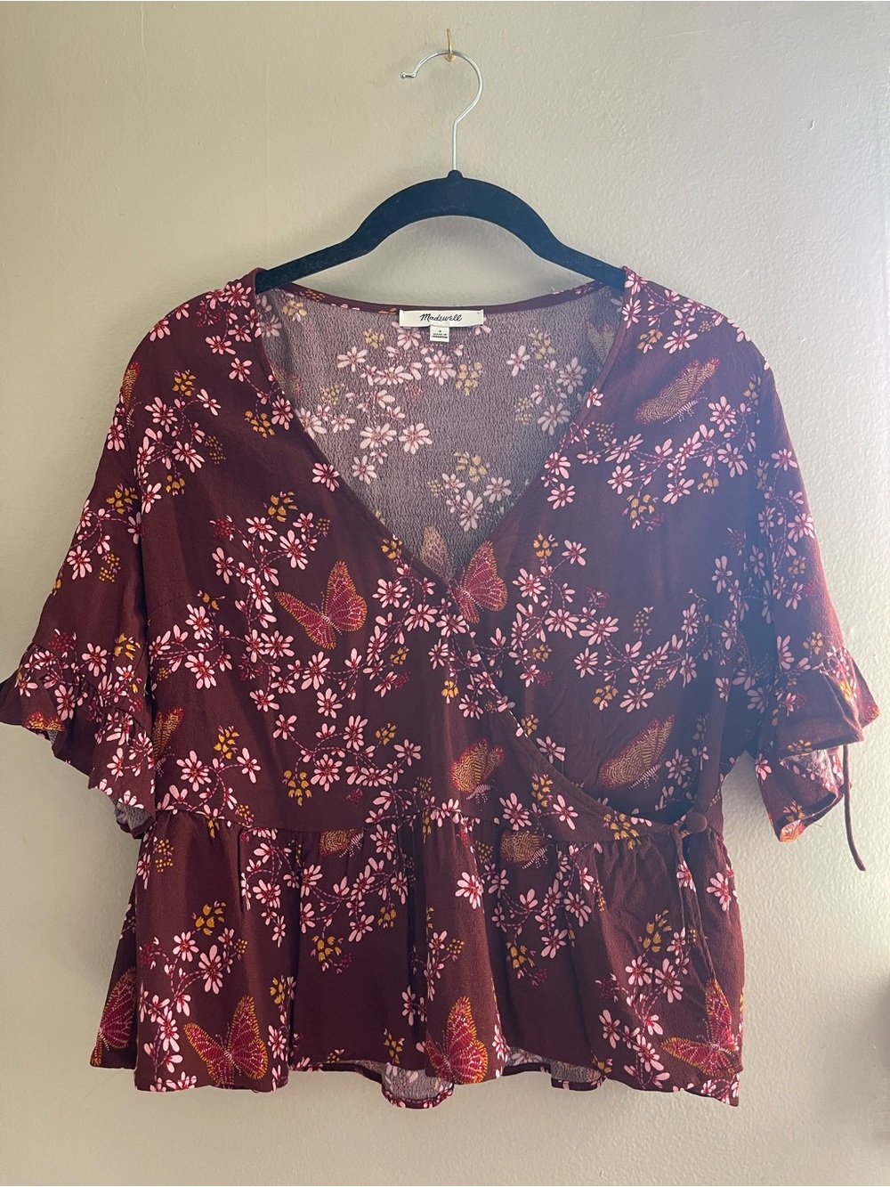 Madewell Floral Butterfly Wrap Blouse in Burgundy